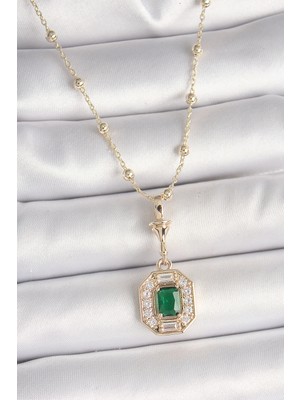 Pirinç Gold Renk Zirkon Taşlı Topçuk Zincir Serenay Model Kadın Kolye
