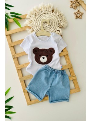 Miniğimin Cicileri Ayıcık Panç Işlemeli Yumuşak Kotlu Unisex Bebe 2 li takım - Mavi