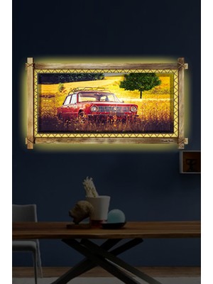 Miyrem Rustik,ledli Kanvas Tablo  Kırmızı Antika Araba O
