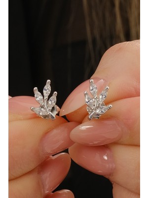 Gümüş Rodyumlu Markız Kesim Zirkon Taşlı Yaprak Küpe SGTL12837RODAJ