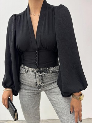 Düğmeli Arkası Lastikli Balon Kol Sandy Crop