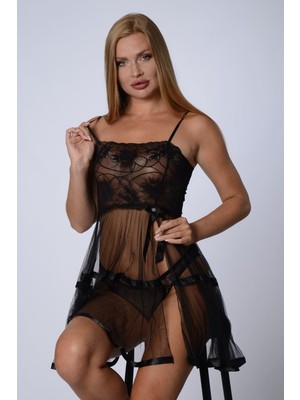 Siyah Şifon Pileli GECELIK-835