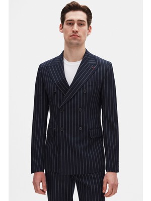 Ds Damat Regular Fit Lacivert Çizgili Kruvaze Takim Elbise 4HF05ORT01588