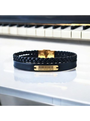 14 Ayar Plakalı Altın Erkeklere Özel Piyano Detaylı Dikdörtgen Motifli Derili Bileklik-392pıyano-Siyah