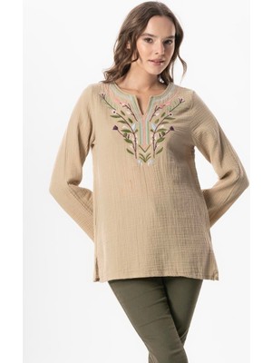 Eliş Şile Bezi Uzun Kol Çiçek V Yaka Nakışlı Müslin Yazlık Bluz Beyaz Byz