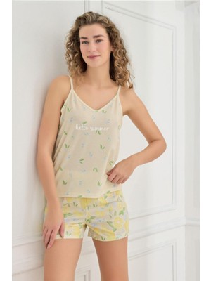 Kadın Ince Askı Şortlu Sarı Limon Desen Pijama Takımı 70107-922