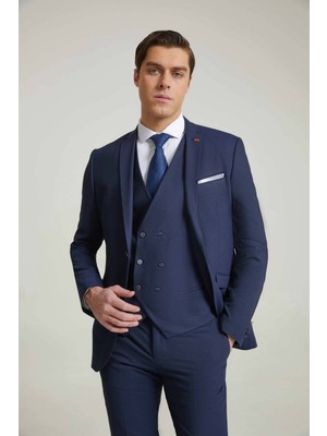 Twn Slim Fit Lacivert Armürlü Mono Yaka Viskonlu Takim Elbise Yelekli