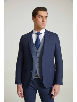 Twn Slim Fit Lacivert Armürlü Mono Yaka Viskonlu Takim Elbise Kombinli 3EFY5KMBN0571