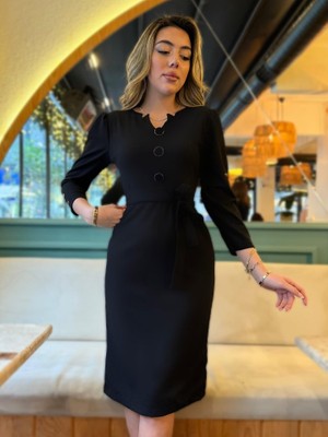 Janes Kadın Uzun Kollu Düğme Detaylı Kendinden Kemerli Ithal Krep Elbise