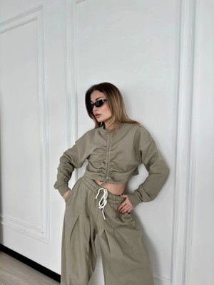 Janes Uzun Kollu Önü Ip Büzgülü  Crop ve Pantolon Ikili Takım - Haki