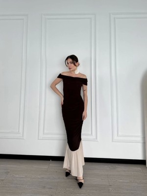 Janes Striptiz Omuzlu Uzun Elbise- Kahve