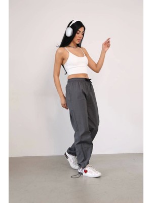 Janes Praşut Kumaş Paça Cepli Baggy Eşofman - Antrasit