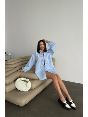 Janes Gömlek Poplin Hakim Yaka Önden Bağlama Ip Detaylı - Mavi