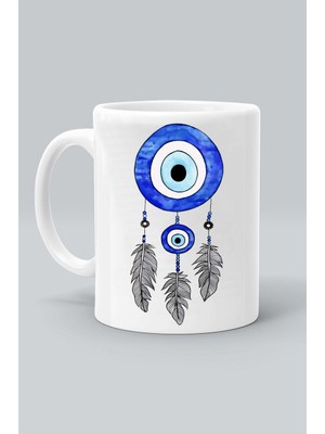 Mavi Nazar Boncuğu Ra Göz Dreamcatcher Düş Kapanı Baskılı Beyaz Klasik Kupa Bardak