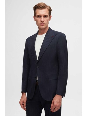 Ds Damat Slim Fit Lacivert Armürlü Sivri Yaka Viskonlu Takim Elbise