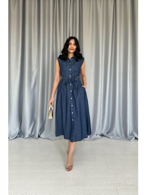 Janes Mavi Tencel Çıtçıtlı Elbise