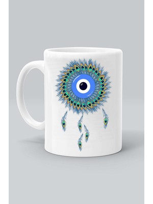 Nazar Boncuğu Ra Göz Dreamcatcher Düş Kapanı Baskılı Beyaz Kupa Bardak