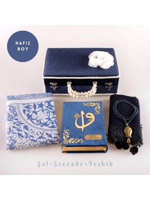 Boncuklu Kutu Çeyizlik, Şal + Seccade + Tesbih + Kuran Hediye Seti (Hafız B. Kadife, Lacivert)