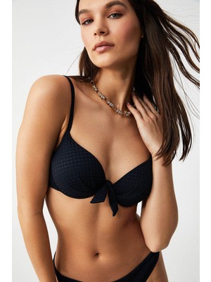 Kom Ronita Dokulu Kumaşlı Dolgulu (Push Uplı) Bikini Siyah