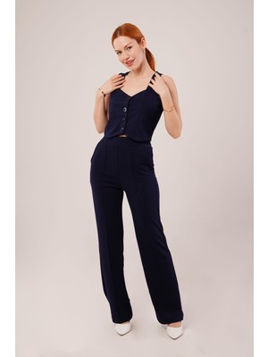 Janes Kalın Askılı Düğmeli Yelek ve Pantolon Lacivert Takım