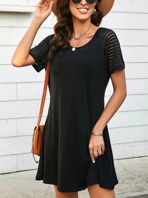 Janes Kadın Kısa Kollu Yuvarlak Yaka Şerit Kol Detaylı Viskon Elbise