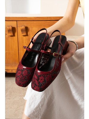 Parparastil Bordo Kadın Abiye Topuklu Ayakkabı Dantel Kumaş Detaylı Şık Tasarım