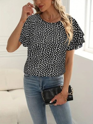 Janes Kadın Kısa Kollu Kolları Volanlı Baskılı Süprem Bluz