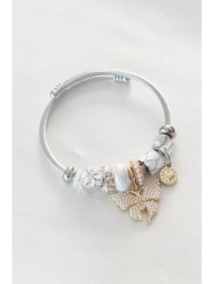 Çelik Charm Bileklik Beyaz Taş Kelebek Figürlü