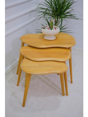 Masif Doğal Ahşap Zigon Sehpa 3'lü Set, Modern Masif Yan Sehpa