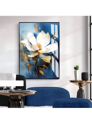 mavi-Gold Beyaz Çiçek Tasarımı 01|çerçeveli Temperli Cam Tablo Tekli Dikey