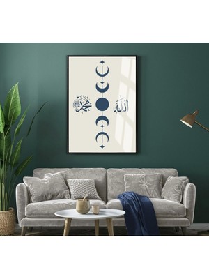 bohem Mavi Allah-Muhammed Modeli|çerçeveli Temperli Cam Tablo Tekli Dikey