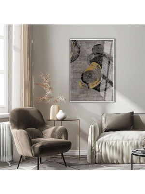 Harikabirev|siyah-Gold Bohem Tarzı Soyut Model 01|çerçeveli Temperli Cam Tablo Tekli Dikey