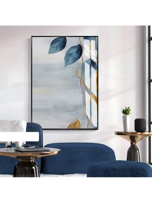 mavi-Gold Renkli Yaprak Desen Model 1|çerçeveli Temperli Cam Tablo Tekli Dikey