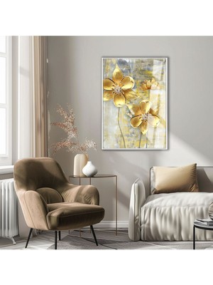 Harikabirev|gold Çiçek Modeli 01 |çerçeveli Temperli Cam Tablo Tekli Dikey