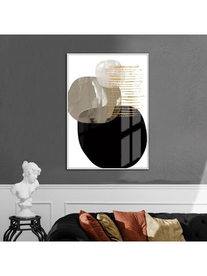 siyah-Sarı-Beyaz  Soyut Model 2  |çerçeveli Temperli Cam Tablo Tekli Dikey
