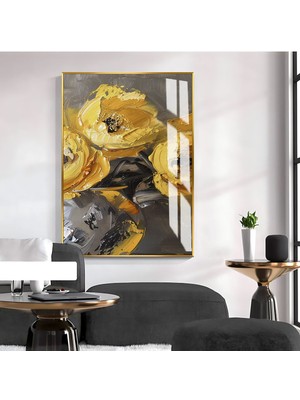 soft Gri-Sarı Gül Desenli Model 1|çerçeveli Temperli Cam Tablo Tekli Dikey