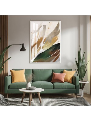 Harikabirev|yeşil-Gold Renk Soyut Yaprak Desenli Modeli Iı |çerçeveli Temperli Cam Tablo Tekli Dikey