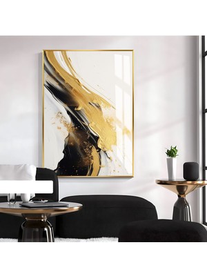 gold-Siyah-Beyaz Soyut Desenli Model 01 |çerçeveli Temperli Cam Tablo Tekli Dikey