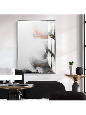 soyut Siyah-Beyaz Gold Desenli Model I |çerçeveli Temperli Cam Tablo Tekli Dikey