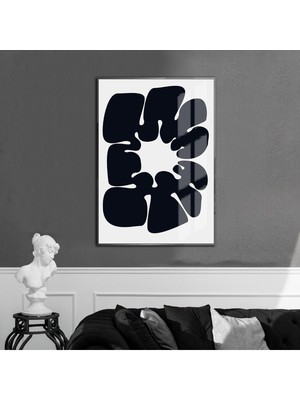 beyaz-Siyah Soyut Model 15 |çerçeveli Temperli Cam Tablo Tekli Dikey