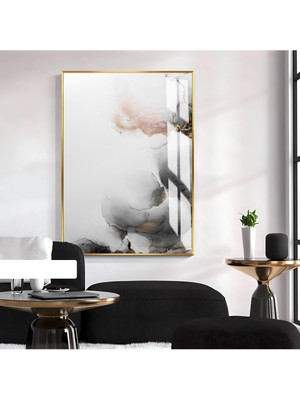 soyut Siyah-Beyaz Gold Desenli Model I |çerçeveli Temperli Cam Tablo Tekli Dikey