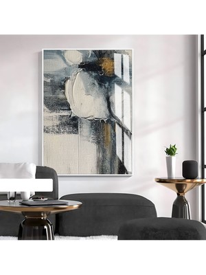 sarı-Gri-Siyah Çiçekli Soyut Model 02 |çerçeveli Temperli Cam Tablo Tekli Dikey