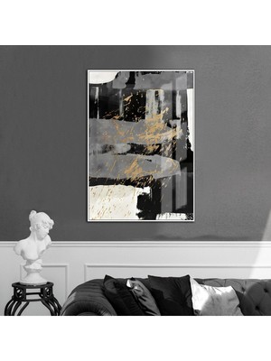 gold-Siyah-Gri Abstract Desenli Model 1|çerçeveli Temperli Cam Tablo Tekli Dikey