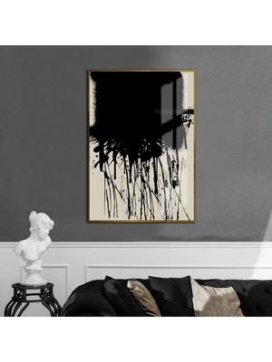 krem-Siyah Abstract Modeli 01 |çerçeveli Temperli Cam Tablo Tekli Dikey