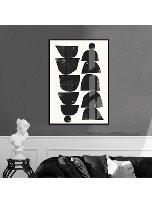 beyaz-Siyah Soyut Model 10  |çerçeveli Temperli Cam Tablo Tekli Dikey