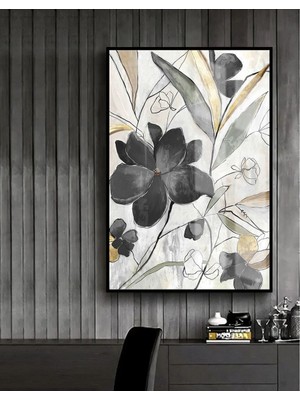 gold-Siyah-Beyaz Çiçek Model 2 |çerçeveli Temperli Cam Tablo Tekli Dikey