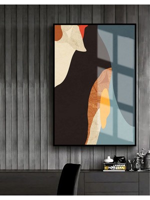 turkuaz-Siyah-Sarı Soyut Model 2 |çerçeveli Temperli Cam Tablo Tekli Dikey