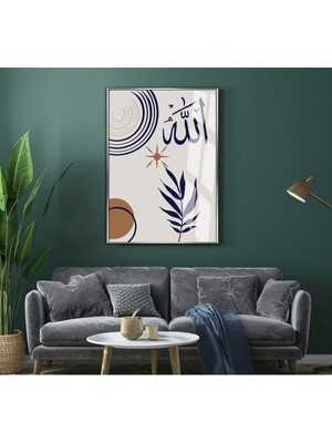Harikabirev|gri-Lacivert Bohem Allah Islami Modeli |çerçeveli Temperli Cam Tablo Tekli Dikey