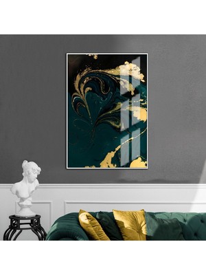 yeşil-Siyah-Gold Abstract Model I 2|çerçeveli Temperli Cam Tablo Tekli Dikey