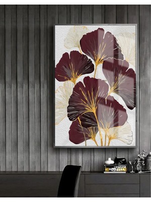 bordo-Sarı Çiçek Modeli 2 |çerçeveli Temperli Cam Tablo Tekli Dikey